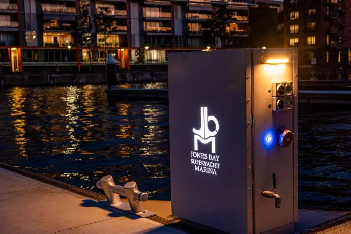 M-Tech illuminated superyacht pedestal at Jones Bay Marina at night